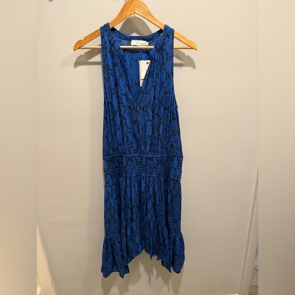 A.L.C. Blue & Black Silk Snake Print Asymmetrical Hem Dress NWT Size 10 - Picture 2 of 6